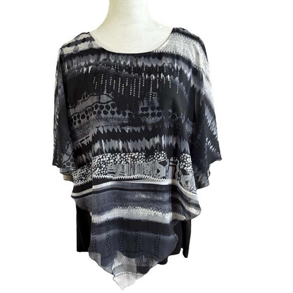 Cato Black and Gray Patterned Layered Top with a bit of bling